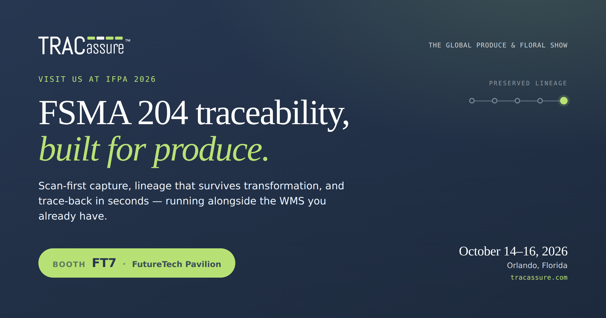 Visit TracAssure at IFPA 2026. Booth location FT7 in the FutureTech Pavilion. October 14-16, 2026